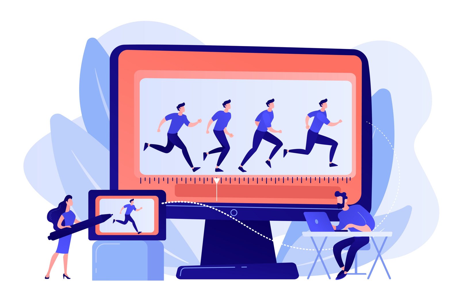 Animator working on character movement. Designing frames of walking. Computer animation, cartoon video creation, make your story alive concept. Pinkish coral bluevector isolated illustration